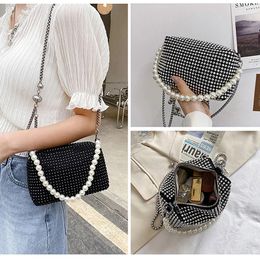 Luxury Women Evening Bags Diamond Handbag Pearl Beading Top Handle Crossbody Bag Small Chain Shoulder Bag Black Clutch Purse