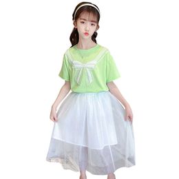 Children Clothes Tshirt + Mesh Skirt Girl Big Bow Outfit For Girls Summer Children's 6 8 10 12 14 210528