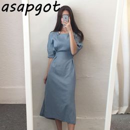 Summer Vintage Plus Size Blue Short Sleeve Square Neck Cotton Linen Dress Women Slim Lace Up Waist Temperament Solid 210429