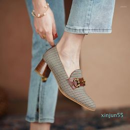 Chic Houndstooth Plaid Block Square Wooden High Heeled Pumps Shoes For Women Retro Style Gold Metal Chain Office Shoe Size 35-40
