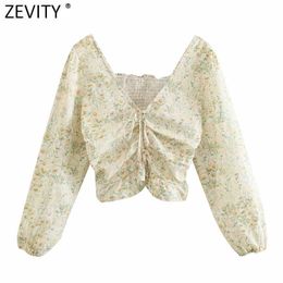 Zevity Women Sweet V Neck Pleated Lace Up Floral Print Slim Short Smock Blouse Female Back Elastic Shirt Chic Blusas Tops LS9035 210603
