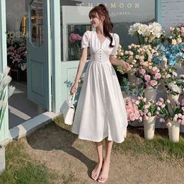 YOSIMI White Long Women Dress Elegant Summer Beading V-neck Mid-calf A-line Evening Party Short Sleeve Vestido Feminino 210604