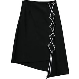 Black Solid Asymmetrical Lace Up A Line Knee Length Midi Skirt Empire High Street S0076 210514