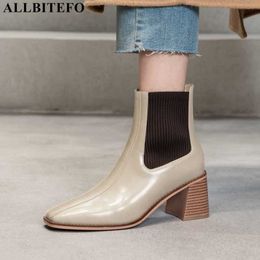 ALLBITEFO elastic + genuine leather women boots winter shoes thick heel fashion casual ankle boots shoes motocycle boots 210611