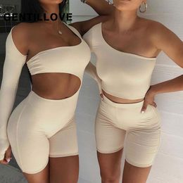 Gentillove Casual Fitness Bodycon Romper Elegant Solid Sport Playsuit Women Sexy One Shoulder Hollow Out Jumpsuits 210518