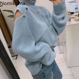 Nomikuma Korean Turtleneck Sweater Women Hollow Out Autumn Winter Solid Colour Sexy Loose Knitted Pullover Jumpers Fashion 210514