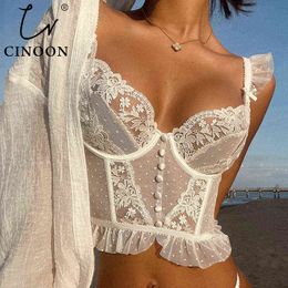 CINOON French Embroidery Lace Women's Bra Top Sweet Female Wedding White Bralette Vest Sexy Corset Bras Comfortable Intimates 211217