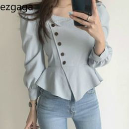 Ezgaga Korean Vintage Shirts Women Long Puff Sleeve Chic Single Breasted Square Collar Ruffles Slim Elegant Tops Fashion Shirts 210430