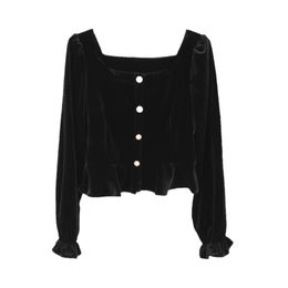 Wine Black Velvet Slash Neck Long Sleeve Top Button Sexy Puff B0574 210514