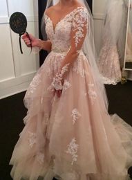 2022 A Line Lace Arabic Wedding Dresses Bridal Gowns V-neck Long Sleeves Tiers Sexy Plus size Ruffle Wedding Dress Crystals Sash Sweep Train Nude Champagne Vestidos