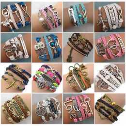 Wholesale 30pcs/Lots Mix Style Infinity Love Charm Bracelets Antique Multilayer Leather Bracelets For Women Jewellery 210323