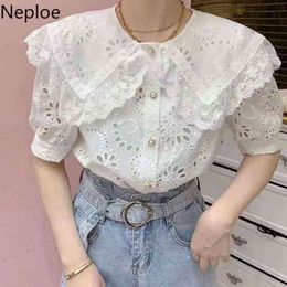 Neploe Vintage Temperament Shirt Hollow Out Embroidery Tops Sweet Lace White Blouses Blusas Mujer De Moda Verano Elegantes 210422