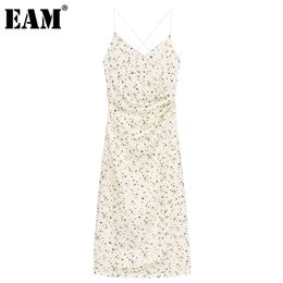 [EAM] Women Pattern Printed Temperament Sling Midi Dress V-Neck Sleeveless Loose Fit Fashion Summer 1DD7799 21512