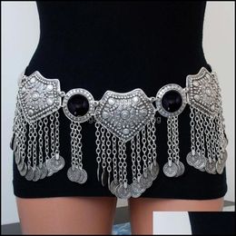 Belly Chains Jewelrybohemian National Style With Coin Pendant Waist Black Rhinestone Hollow Dance Aessories Body Chain Jewellery Drop Delivery