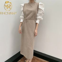 Fashion Women Bodycon Patchwork Maxi Dress Bandage Autumn Winter Chic Korean Knitted Dresses Female Slim Vestidos 210506
