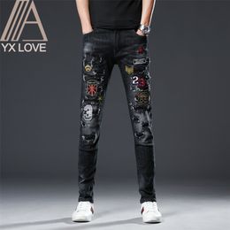 Embroidery Black Men Jeans Fantastic Patterns Quality Brand Slim Elastic Comfortable Hiphop Pants Multiple Styles Trousers 210319