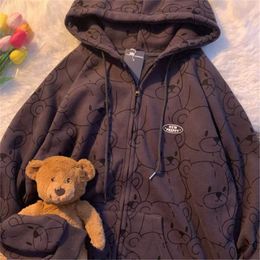 Vintage Long Sleeve Hoodie Sweetshirt Clothes Women Fashion Zip Up Cute Bear Hoodies Autumn Winter Coat Loose Harajuku Top 210927
