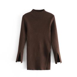 Fall Brown Long Knit Ladies Tops Autumn Clothes Women Collar Blouse Ribbed Trim Pullover Slim Woman Sweaters Sleeve 210430