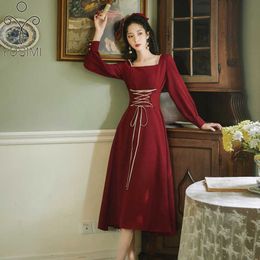 YOSIMI Spring Red Wine Long Women Dress Vintage Square Collar Full Sleeve Midi Bandage Vestido Feminino 210604