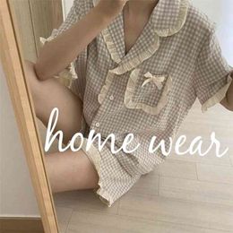 Korean Pajama for Women Summer Loungewear Sleepwear Sets Girls Sweet Plaid Lapel Pyjama Kawaii Ruffle Pijama Japanese Home Suit 210831