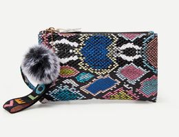 Exquisite Snake Pattern PU Cash Coin Purse bag Change Pouch Wallet With Handle Fur Ball Pendants