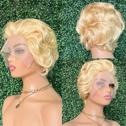 13x1 Lace Pixie Cut Brazilian Glueless Human Hair Wigs For Women body wave 613 Blonde Short Bob wig