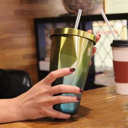 Gradient stainless steel mugs straw diamond double wall travel with lid drinking cup 500ml 17oz bh1127