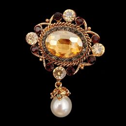 Victorian Vintage Stylish Imitated White Pearl Drop Champagne Oval Stone Broach Pin for Women Costume Dressy Gown Cloth Jewellery