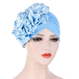 2021 Muslim Women Hijab Women Flowers Ruffle Turban Caps Muslim Elastic Pearls Headscarf Bonnet Ladies Hair Loss Indian Beanie Wrap