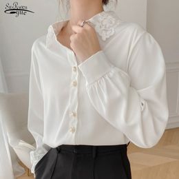 Autumn Long Sleeve Embroidered White Chiffon Shirts Women Elegant OL Tops Simple All-match Cardigan Chemisier Femme 11430 210521