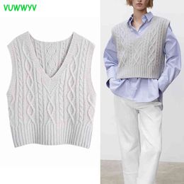 VUWWYV Retro Grey Cable Knitted Sweater Vest Women Spring Ribbed Cropped Sleeveless Sweaters Woman Casual Streetwear Top 210430