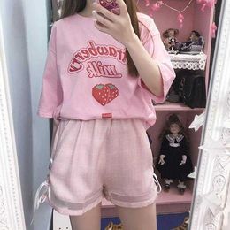 hahayule Pink girl Series Strawberry Milk Graphic Summer Fashion 100% Cotton Casual Tops Korean Style Girl Funny Short Sleeves Y0629