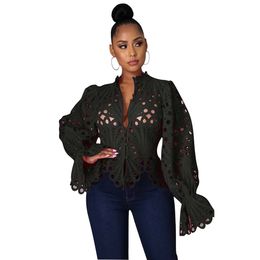 Women Sexy Shirts Elegant Flare Long Sleeve Pearl Button Down Floral Lace Crochet Hollow Out Tops and Blouses