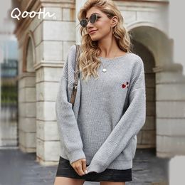 Qooth Sweater Women Loose Heart Pattern Long Sleeve Crochet Top Lovely Pullovers O neck Jumper Women QT333 210518