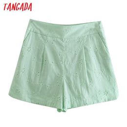 Tangada Women Elegant Green Embroidery Shorts Side Zipper Pockets OL Shorts Pantalones JE60 210609