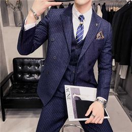 ( Jacket + Vest + Pants ) Fashion Mens Double breasted stripe Casual Business Suit Social Formal Suit 3 Pcs Set Groom Wedding X0909
