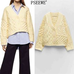 Patchwork Yellow Knitted Cardigan Women Long Sleeve V Neck Winter Woman Sweater Oversize Button-Down 210519