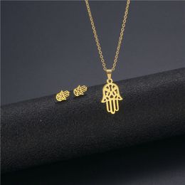 Women's Hand of Fatima Necklace Earrings Set Dubai Gold Colour Stainless Steel African Indian Wedding Jewellery Sets for Women Girl