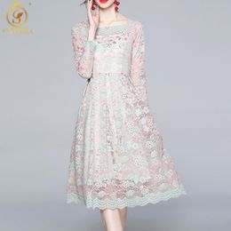 Spring Fashion Designer Lace Hollow Out Dress Robe Women Square Collar Vintage Elegant Party Midi Vestidos 210520