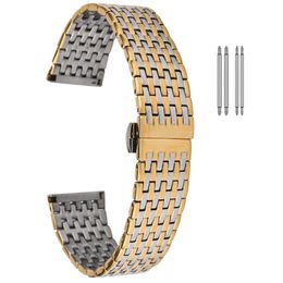 Stainless Steel Strap 20mm 22mm Metal Watch Band Link Replacement Butterfly Buckle Gold Bracelet Wristband Men Women Accessories H0915