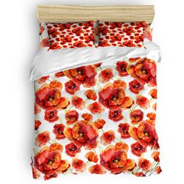 Bedding Sets Red Flower Plant Watercolor Painting Duvet Cover Set Comfortable Bedroom Supplies Comforter 2/3/4pcs