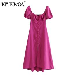 KPYTOMOA Women Chic Fashion With Buttons Linen Midi Dress Vintage V Neck Puff Sleeve Back Elastic Female Dresses Vestidos 210323