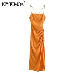 KPYTOMOA Women Chic Fashion Draped Detail with Adjustable Tie Midi Dress Vintage Backless Side Zipper Straps Female Dresses 210323
