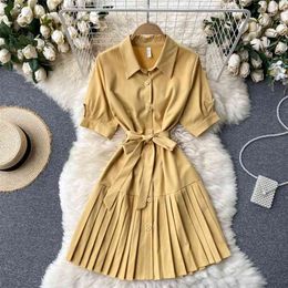 Summer Short Sleeve Korean OL Dress Women Turn Down Collar Single Breasted Sash Lace-up Mini Pleated Lady Office Vestidos 210603