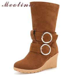 Meotina Women Boots Winter Mid Calf Boots Buckle Wedges High Heel Short Boots Fashion Round Toe Shoes Female Fall Big Size 34-43 210608