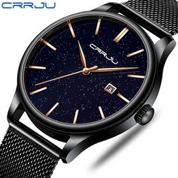 Top Luxury CRRJU Brand Men Watches Mens Gold Pointer Stainless Steel Watches Casual Dress Blue Starry Quartz Wristwatch 210517