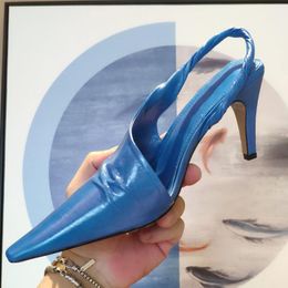 Summer Blue Twisted High Heel Sandals Leather Pointed Toe Women's Dress Shoes Fashion Kitten Party