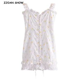 Sexy Embroidery Flower Cross Lacing up Spaghetti Strap Ruffles Sling Mini Short Dress women V neck Ruched hem Party Dresses 210429