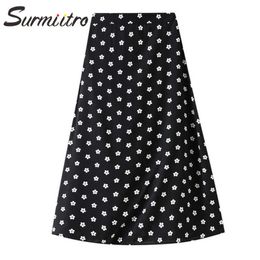 SURMIITRO Summer Midi Long Skirt Women Korean Style Black White Floral Print Mid-Length High Waist A Line Skirt Female 210712