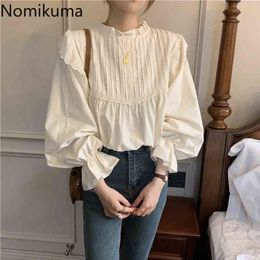 Nomikuma Autumn New Women Blouse Korean Pleated Stand Neck Flare Long Sleeve Shirt Femme Causal Blusas Mujer De Moda 6B529 210323